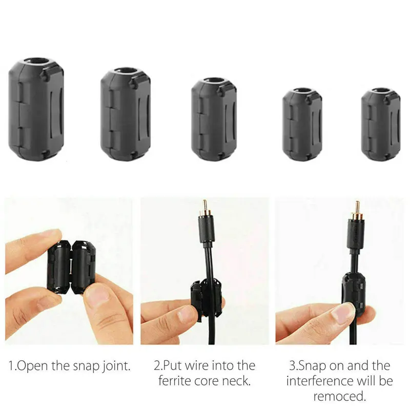 Ring Core Ferrite Bead Clamp Choke Coil EMI RFI Noise Filter Clip Snap for 3.5/5/7/9/13mm Black Cable Connector Filters Holder