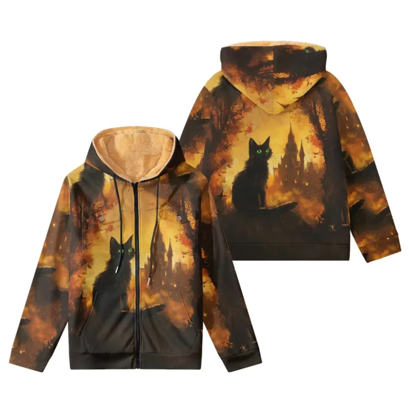 

Halloween Cat Men's Fleece Long Sleeve Zipper Hoodies Men/Women Parkas Coat Jacket Fashion Outerwear Streetwear