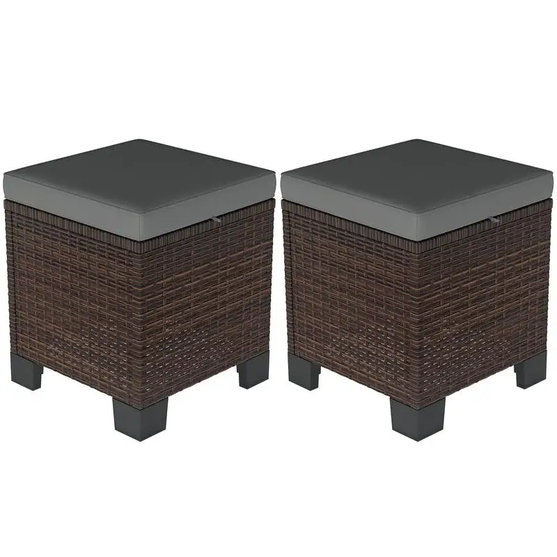 Outsunny 2 Piece Wicker Outdoor Ottomans with Cushions, Rattan Ottoman Footrest and Side Table for Patio, Yard, Poolside, Gray
