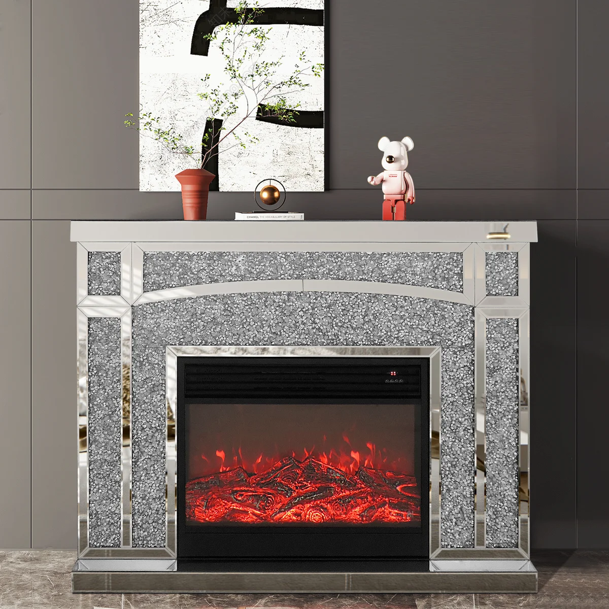 Luxury Indoor Silver Crushed Diamond Crystal White Mirrored Glass Fireplace Living Room Fireplace Kamin Cheminee Chimenea Hogar