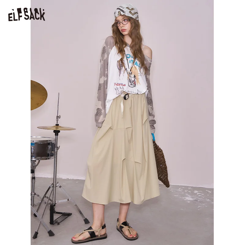 

ELFSACK 2025 Summer New Arrival Outdoor Style High Waist Bustier Skirt Irregular Draw Pleat Design Skirt For Woman