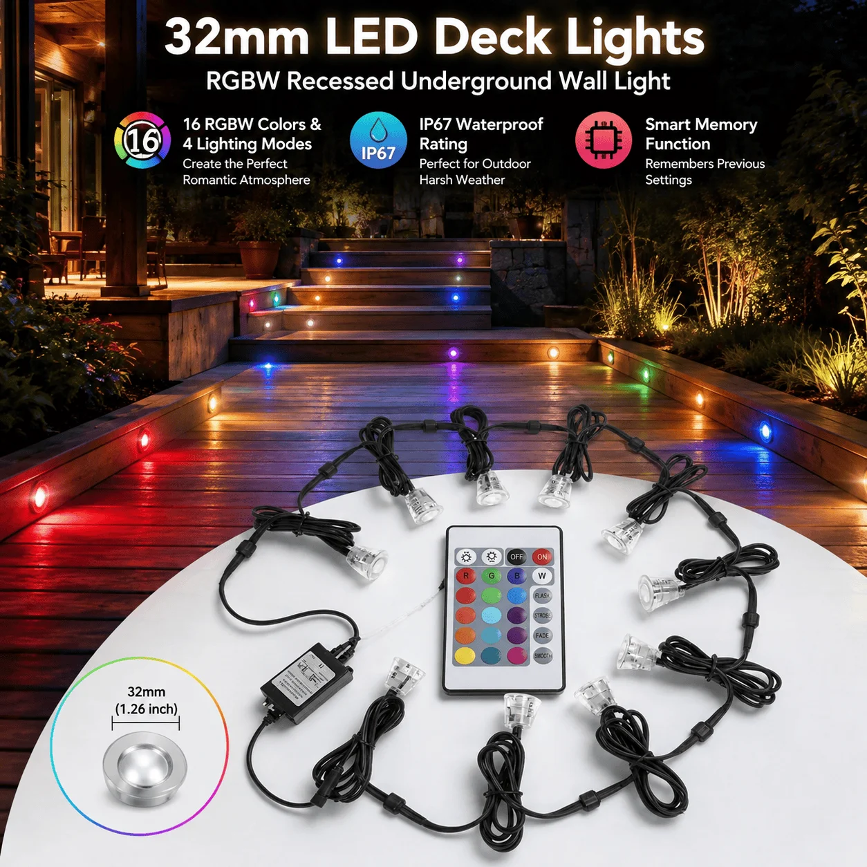 LED Deck Lights RGBW IP67 Waterproof 16 Colors Modes Outdoor Landscape Garden Patio Stair Recessed 12V Underground Floor Lights