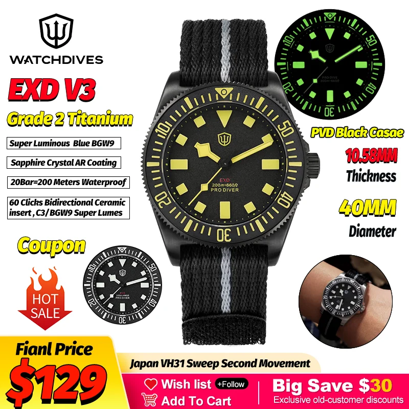 Watchdives EXD 40 mm Titan-Taucher-Herrenuhr PVD Schwarz VH31 Retro-Quarzuhren 20 Bar wasserdicht Saphir C3/BGW9 Armbanduhr