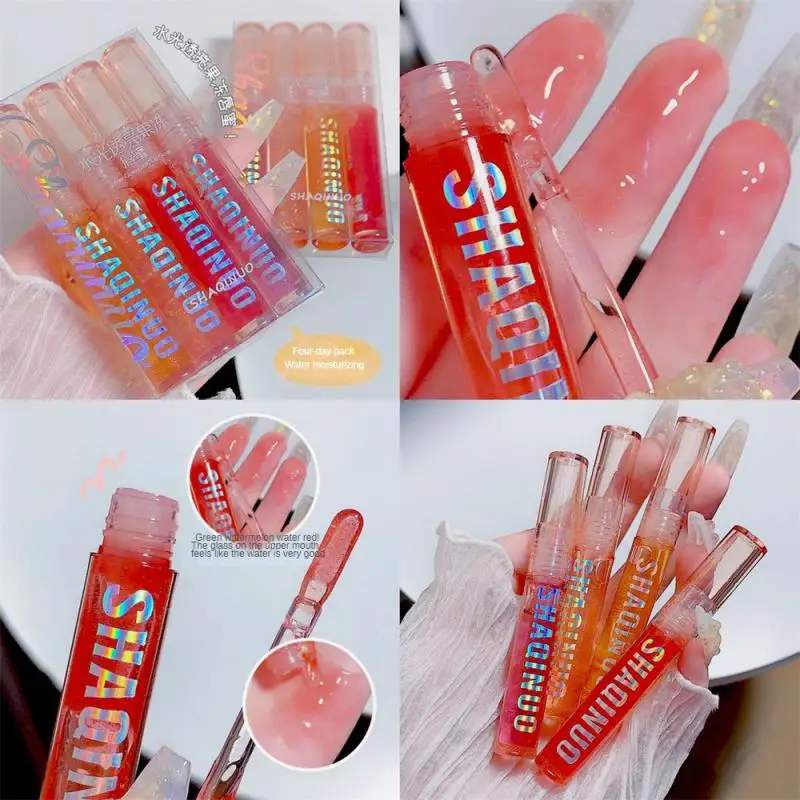 Shimmer Lip Oil 4colos trasparente Fine Flash Lip Gloss Water Glossy Lip Glaze idratante Lip Makeup cosmetici donna