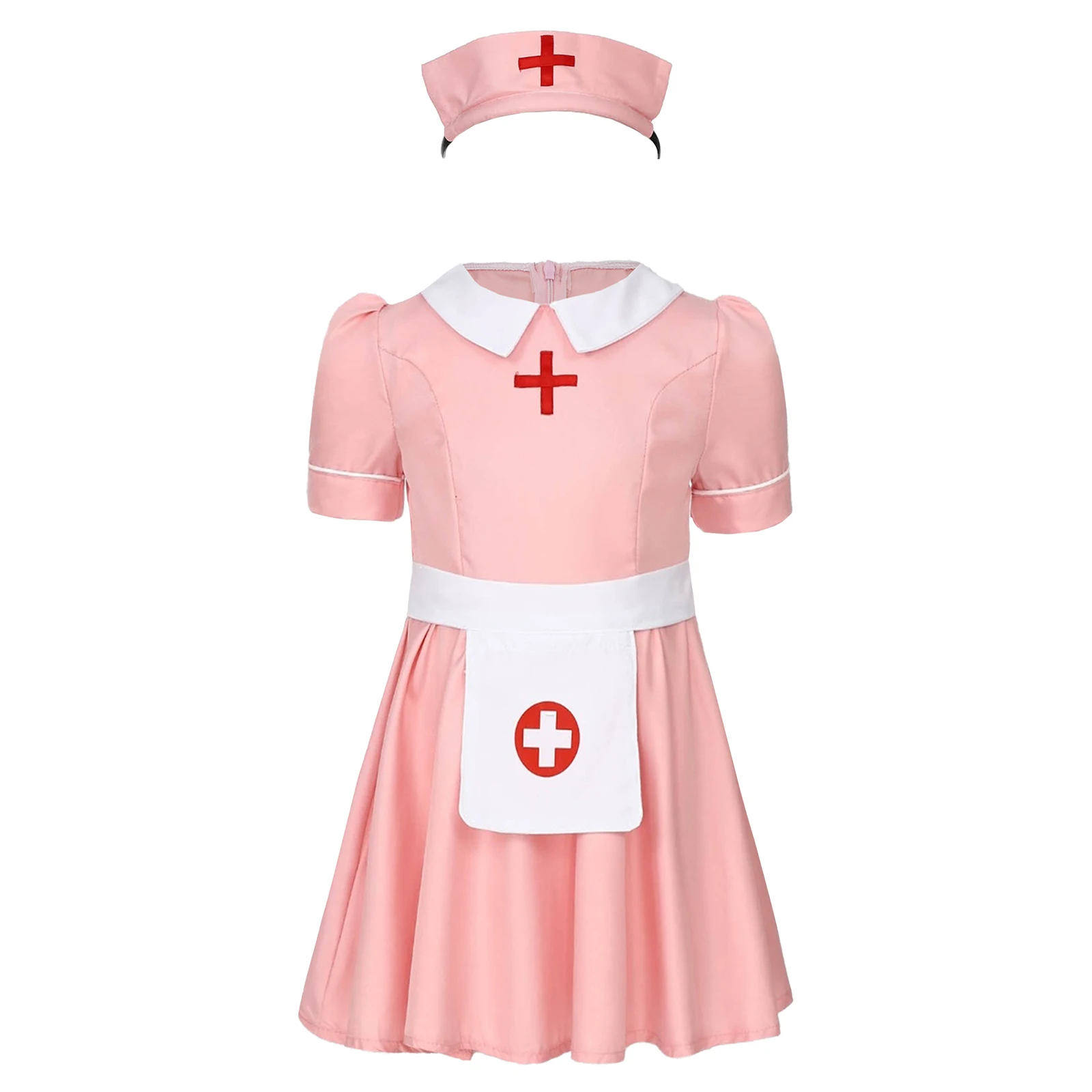 

Girls Playtime Nurse Costumes Turn-Down Collar Short Sleeve Ruffle Dress with Nurse Headwear Apron Set Halloween Nurse Uniforms