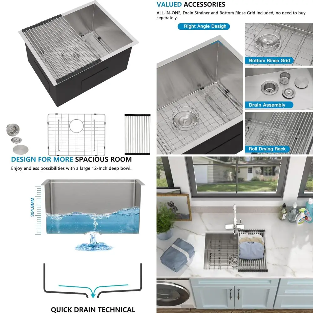 

Stainless Steel Undermount Utility Sink 23x18 for Laundry Room - 16 Gauge 12 Inch Deep Counter Sink with Under Counter Installat