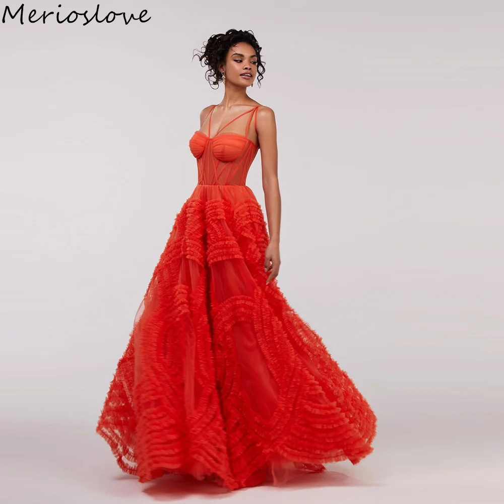 Merioslove-vestido de tul fruncido para mujer, traje rojo de corte en A, con volantes escalonados, plisado, con tirantes finos, estilo árabe