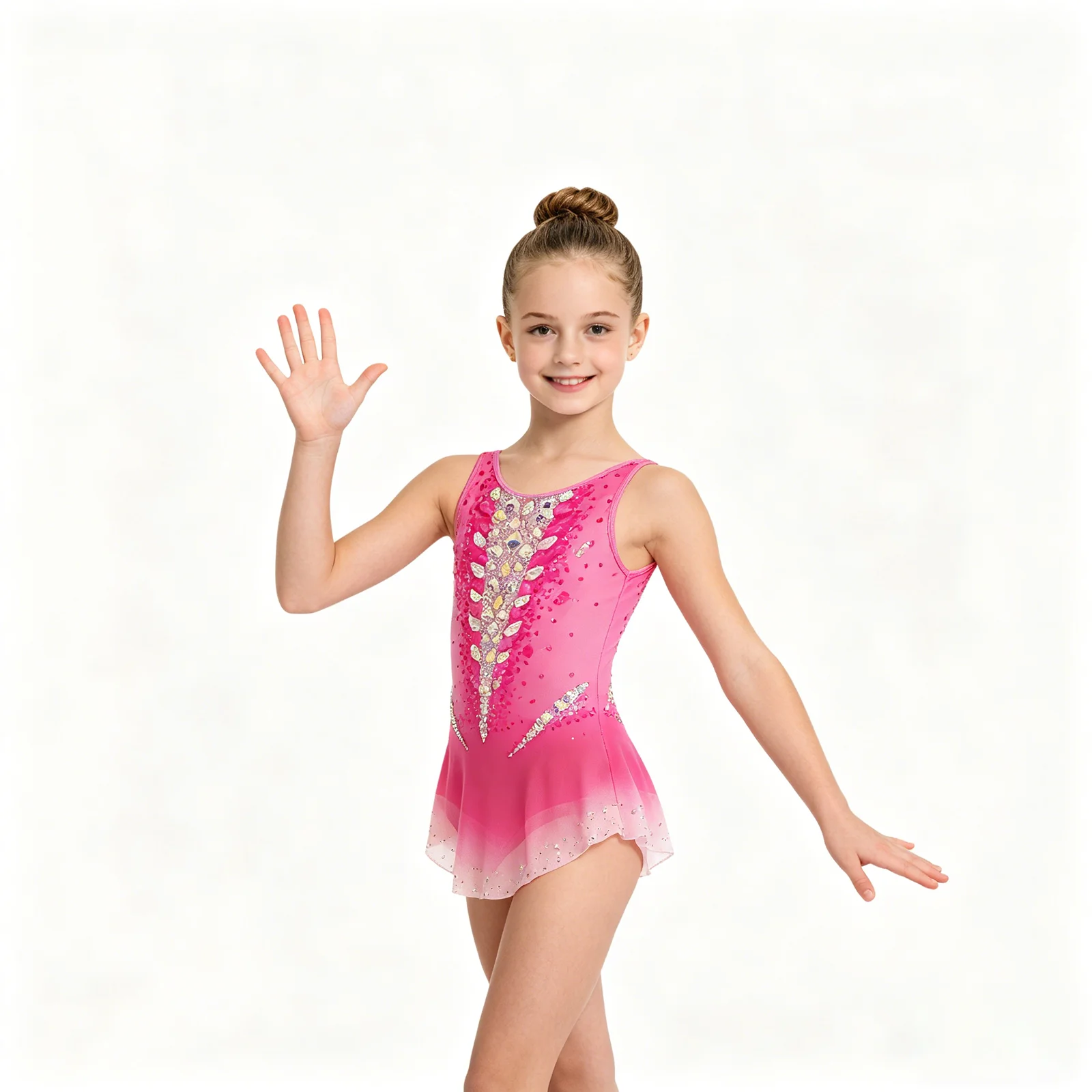 Elegant Gradient Pink Gymnastics Leotard Kids Sleeveless Sparkling Rhinestone Design Breathable Stretch  Dance Competitive