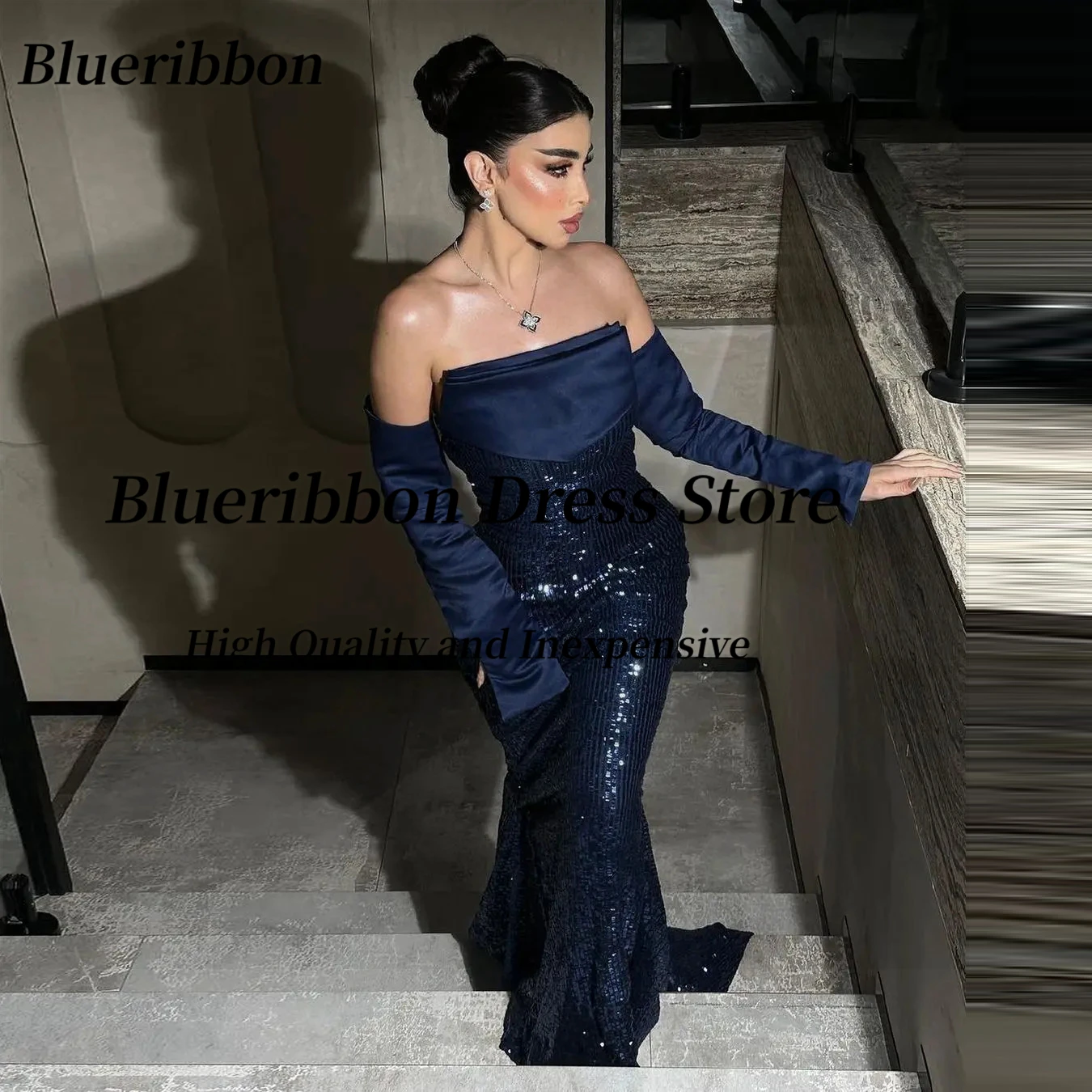 

Blueribbon Customized Navy Blue Sequins Prom Dresses Strapless Detachable Long Sleeves Evening Dress Sexy Back Bridal Gowns
