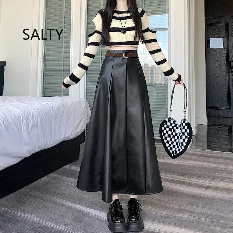 

Новая женская юбка из искусственной кожи, осень 2026, однотонная черная, с завышенной талией, А-силуэт, с вставками, для офиса, модная