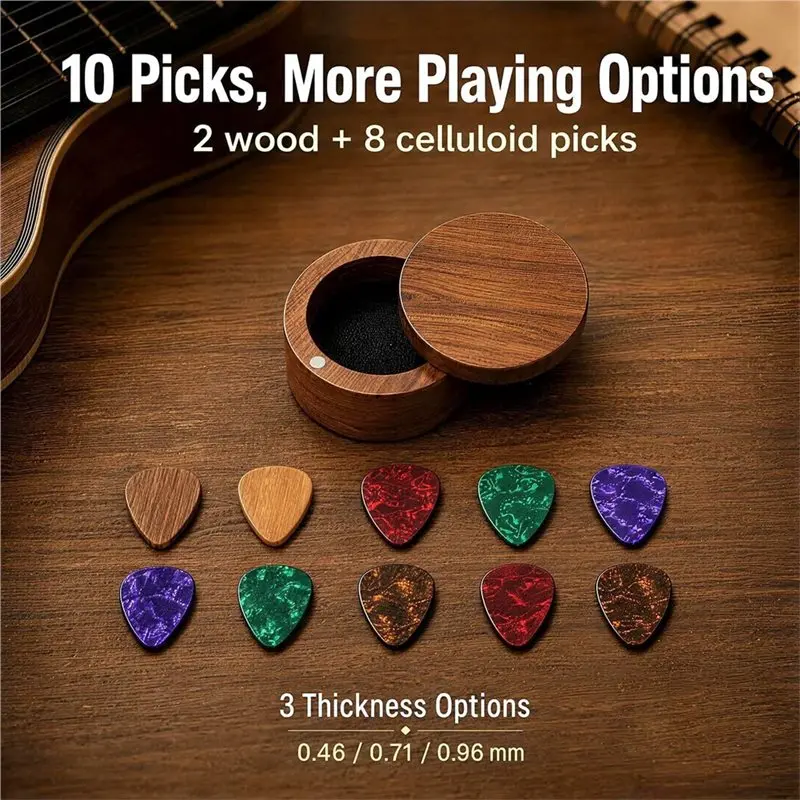 A61P Guitar Pick Holder Set Featuring 2 Wood Picks+ 8 Celluloid Picks, Rotating Magnetic Lid Wooden Guitar Pick Case