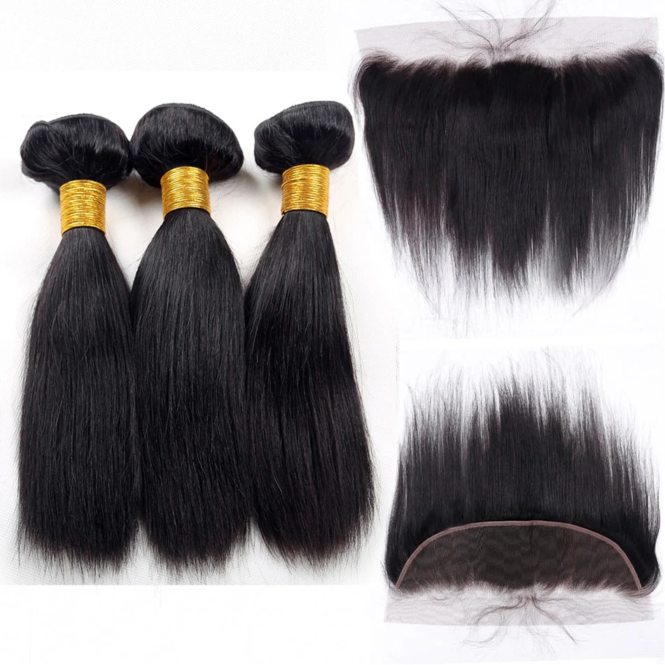 15A Brazilian Bone Straight Bundles with 13x4 Frontal, Virgin Human Hair, HD Transparent Lace
