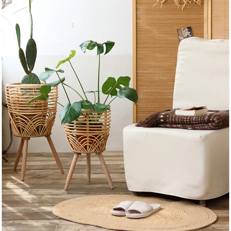 Indonesian Rattan Weaving Stand For Flowers Living Room Plant Shelves Natural Indoor Gardening Balcony Decor Flowerpot Holder