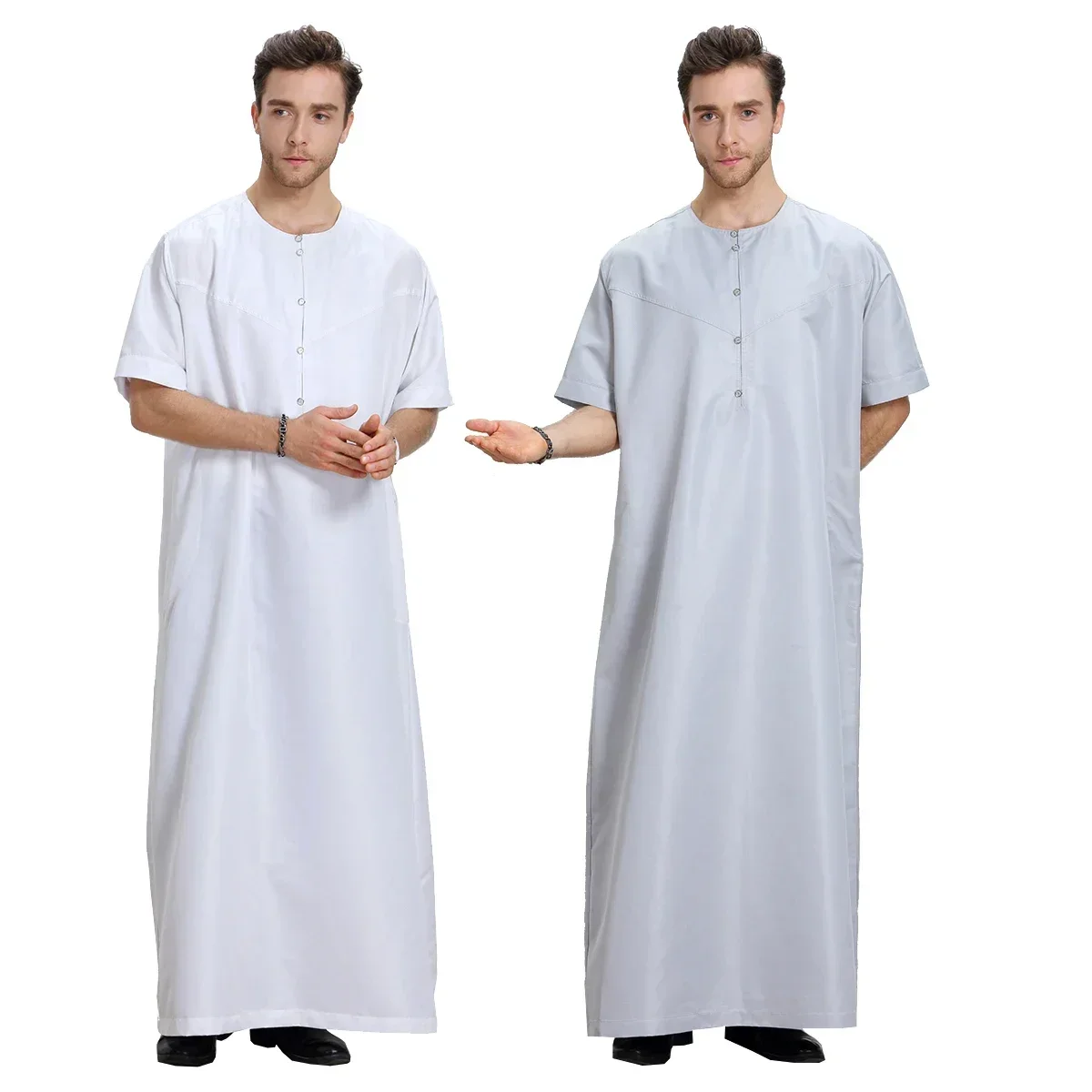 Solidny muzułmański Jubba Thobe Męski Ramadan Długi szlafrok Kaftan O-Neck Sukienka z krótkim rękawem Saudi Eid Abaya Dubaj Arabski kaftan Bliski Wschód