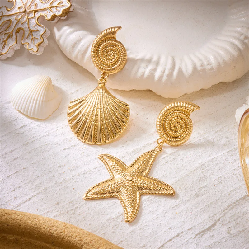 New Ocean Style Starfish Shell Pendant Earrings for Women Seaside Conch Scallop Pearl Earring Boho Beach Charm Jewelry Gifts