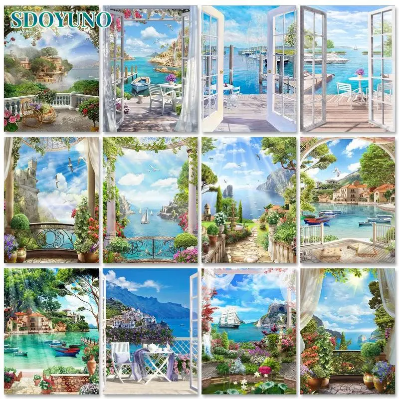 SDOYUNO Frame Painting By Numbers window Landscape Diy Gift On Canvas Pictures By Numbers Acrylic Paint By Number Home Decor