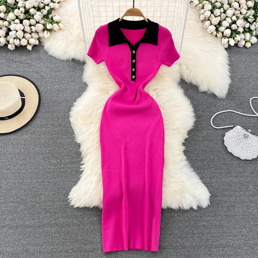 Fashion Girls Polo Orange Knit Dress For Women Bodycon Elastic MIDI Wrap Knit Dress Short Sleeve Knitted Sweater Dress Summer