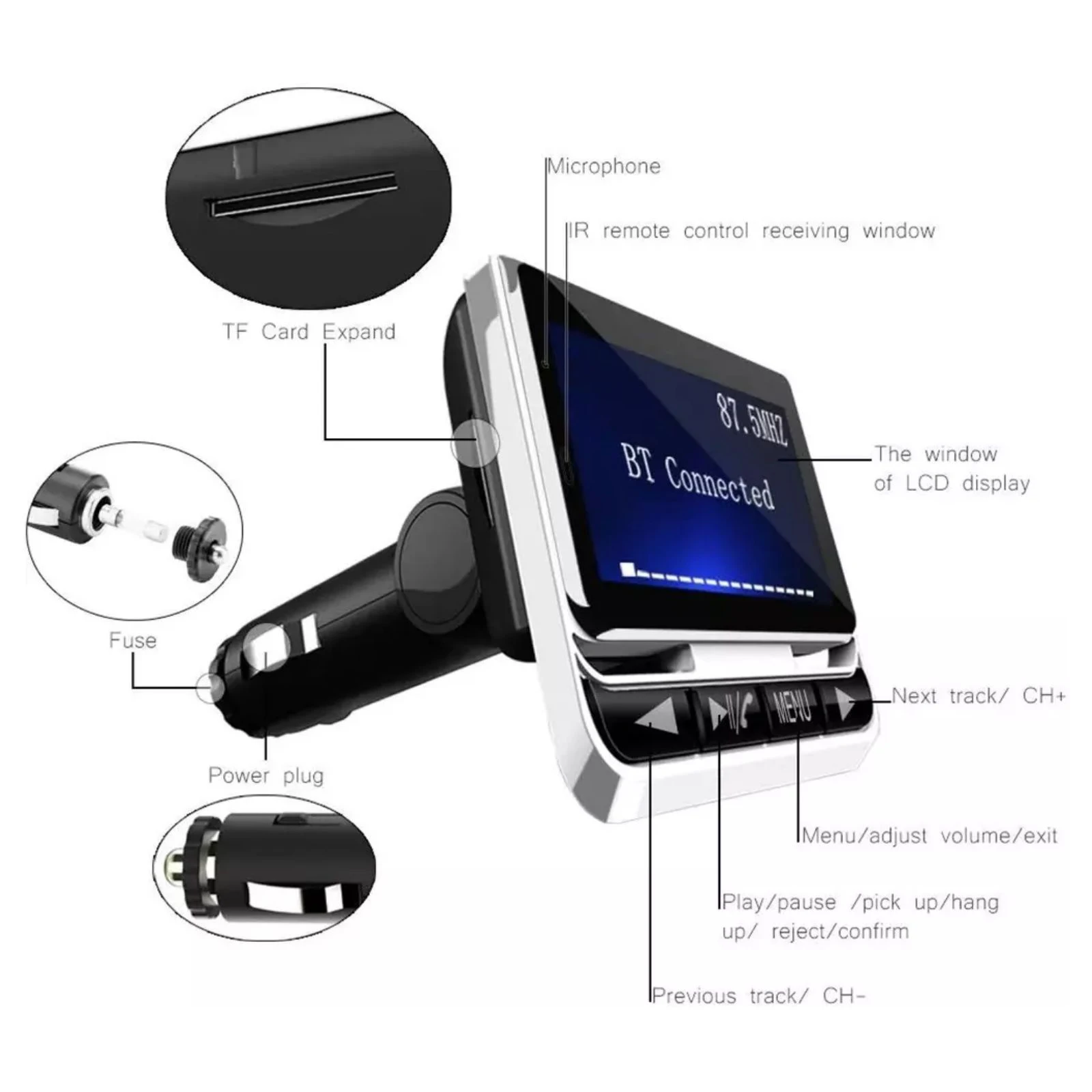 1.4 بوصة شاشة الكريستال السائل بلوتوث FM الارسال لسيارة مشغل MP3 يدوي راديو الموسيقى محول USB شاحن سيارة التحكم عن بعد