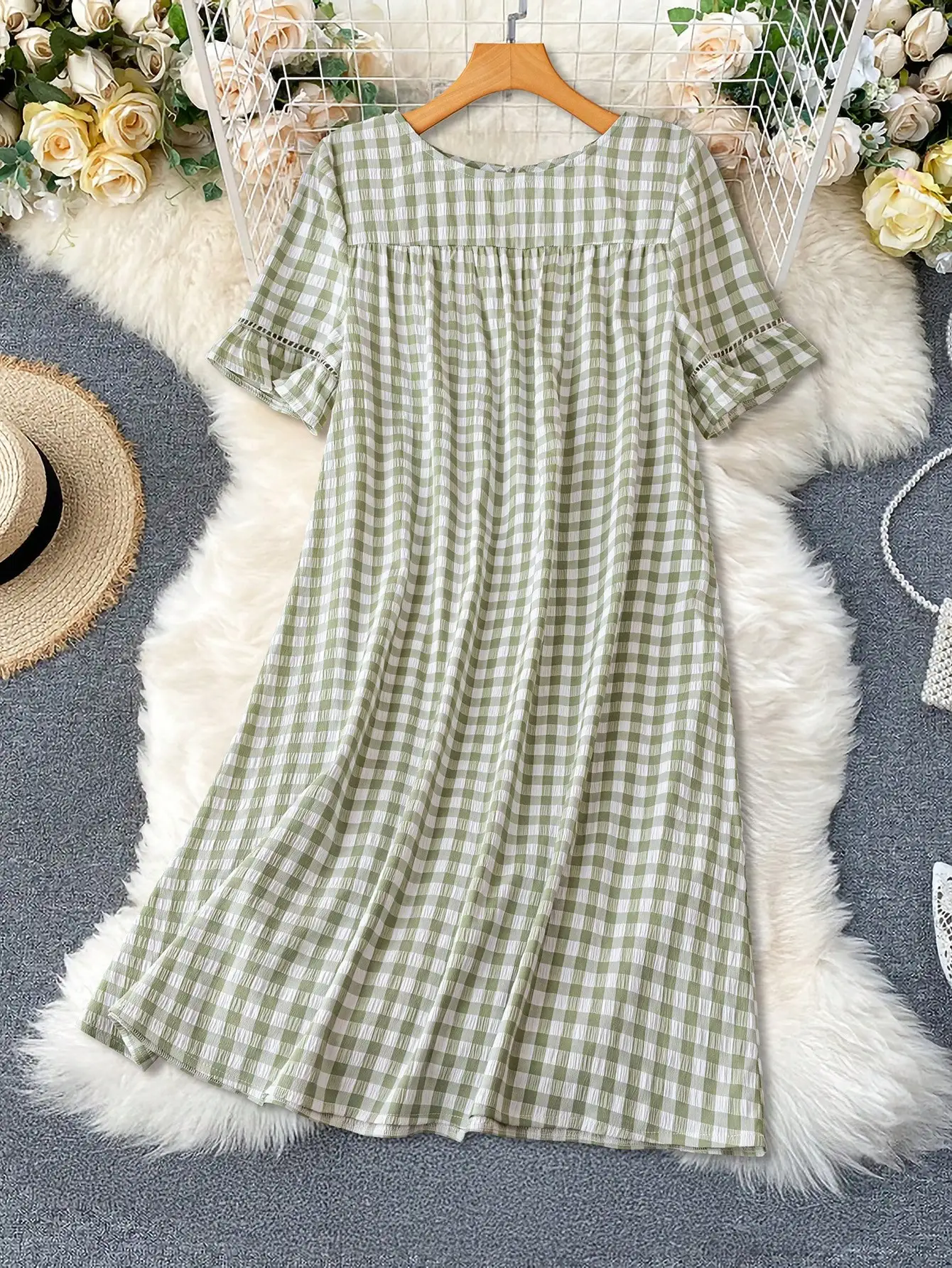 

Женское зеленое и белое короткое платье в клетку, летнее повседневное платье А-силуэта