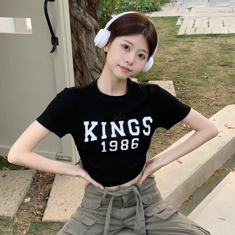 

Korean Style Vintage Short T-shirts Women Letter Printed Harajuku Y2k Students Tops Casual Basics Daily Slimming Blouse Female