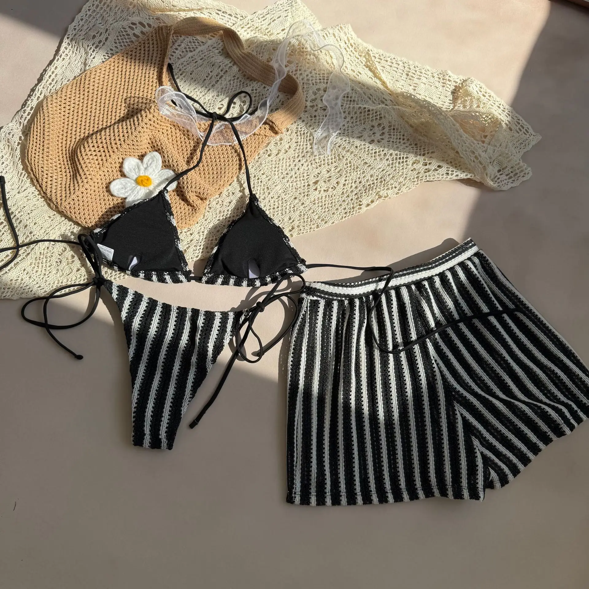 bikini sexy con cravatta all'americana a righe lavorate a maglia imposta tre pezzi con pantaloncini costumi da bagno costumi da bagno costumi da bagno costumi da bagno biquini tankini