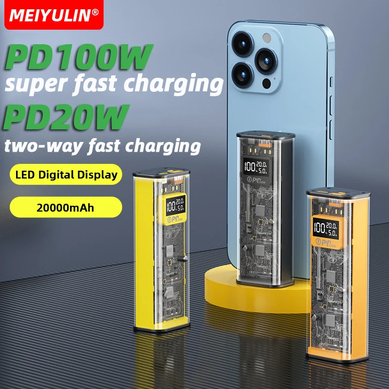 

20000mAh Large Capacity Transparent Power Bank USB C PD100W Fast Charging External Battery For iPhone 15 Xiaomi Samsung Laptop