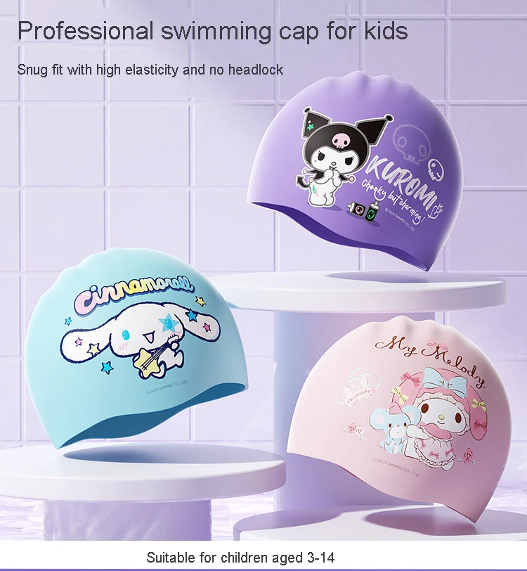 Kawaii Cinnamoroll Kids Swimming Cap Cartoon My Melody Kuromi Boys Girls Professional Swim Cap Ear Protection Waterproof Gift