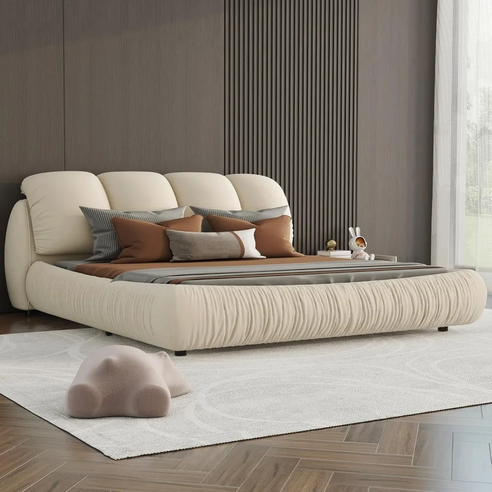 Cama de plataforma tamaño King con cabecero acolchado relleno, cama nube tapizada de piel sintética con estructura de madera maciza, sin chirrido, color beige