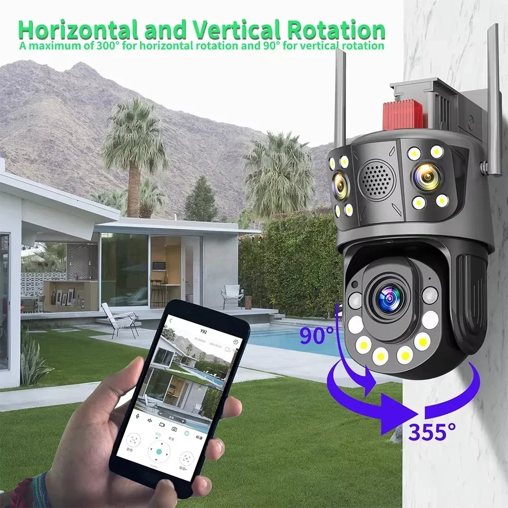 Kamera keamanan CCTV 3 lensa 12MP 2024, kamera keamanan WiFi luar ruangan ICSee 360 baru 12MP perbesaran 50X nirkabel