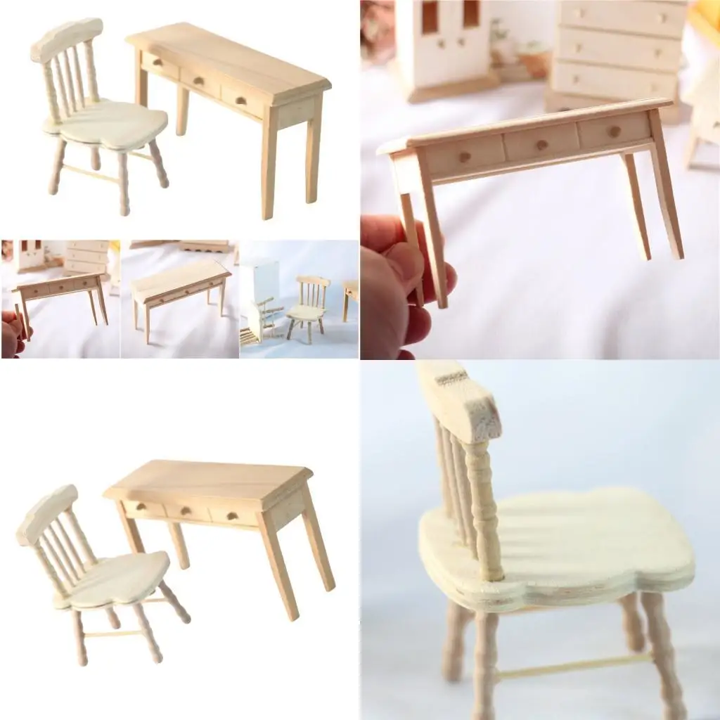 

Natural Doll House Furniture Unpainted Miniature Study Chair Desk Set For Creative Kids Pretend Play Customization A2UB