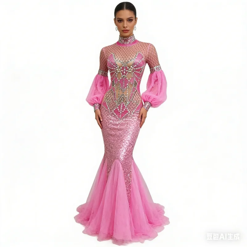 

In Stock Luxury Evening Party Singer Host Stage Floor Length Gown Pink Rhinestones Mesh Trailing Dress Birthday Prom Long Dress