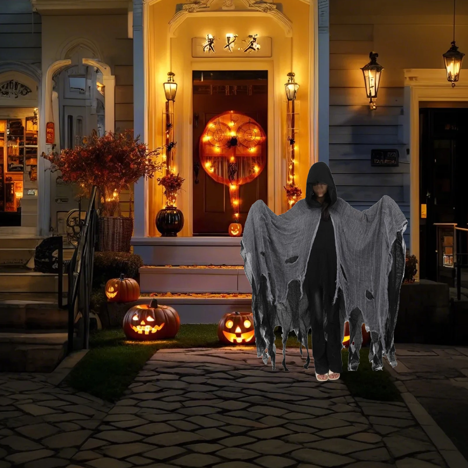 

Костюм призрака на Хэллоуин, косплей, плащ ведьмы для взрослых, ужас, зомби, рваные накидки с капюшоном, Хэллоуин, череп, скелет, карнавальный костюм