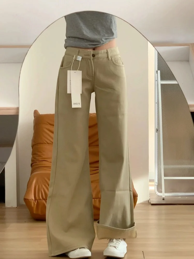 

Большие размеры, расклешенные джинсы в американском стиле ретро, женские осенне-зимние свободные утягивающие драпированные брюки-клеш с низкой талией