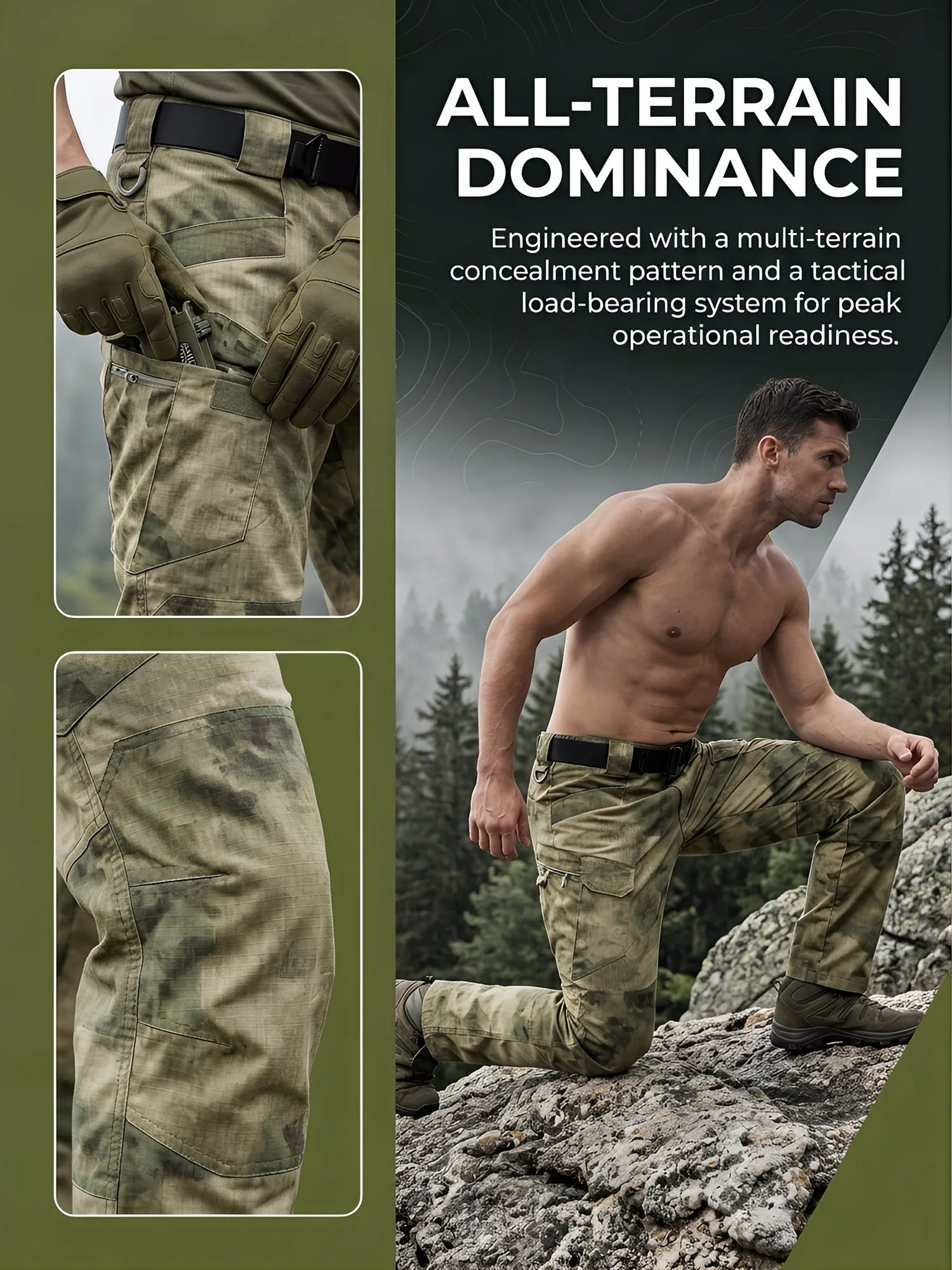 Men's Camouflage Tactical Pants, Tear-Resistant Multi-Pocket Work Pants, Wear-Resistant Outdoor Hiking Hunting Combat Pants, All-Season Style - view 3