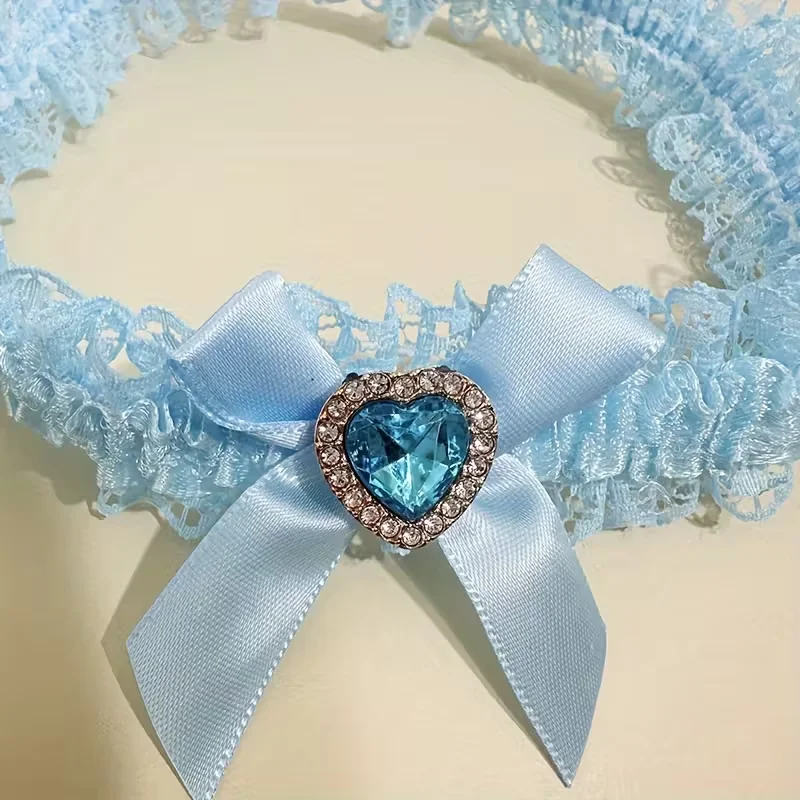 Elegant Blue Lace Wedding Garter, Bow and Rhinestone Heart-Shaped Decoration - Bridal Leg Accessories for the Wedding Season