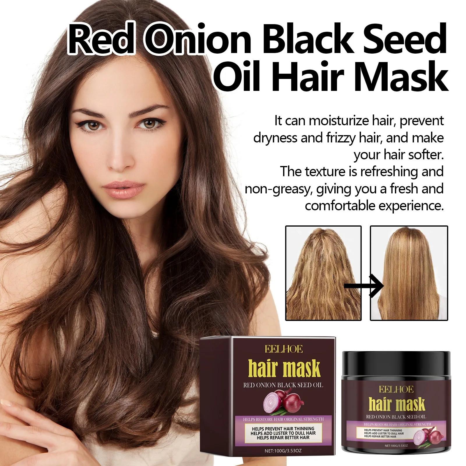 EELHOE Red Onion Black Seed Oil Shampoo+Hair Mask Nourishing Hair Mask Improve Damaged Hair Repair Smoothing Straightening - view 3