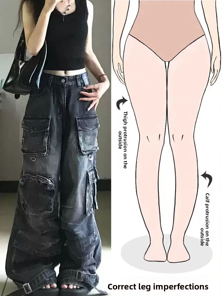 

Retro American Workwear Style High Waist Wide Leg Jeans Women's Autumn Winter Street Style Distressed Multi Pocket Pants