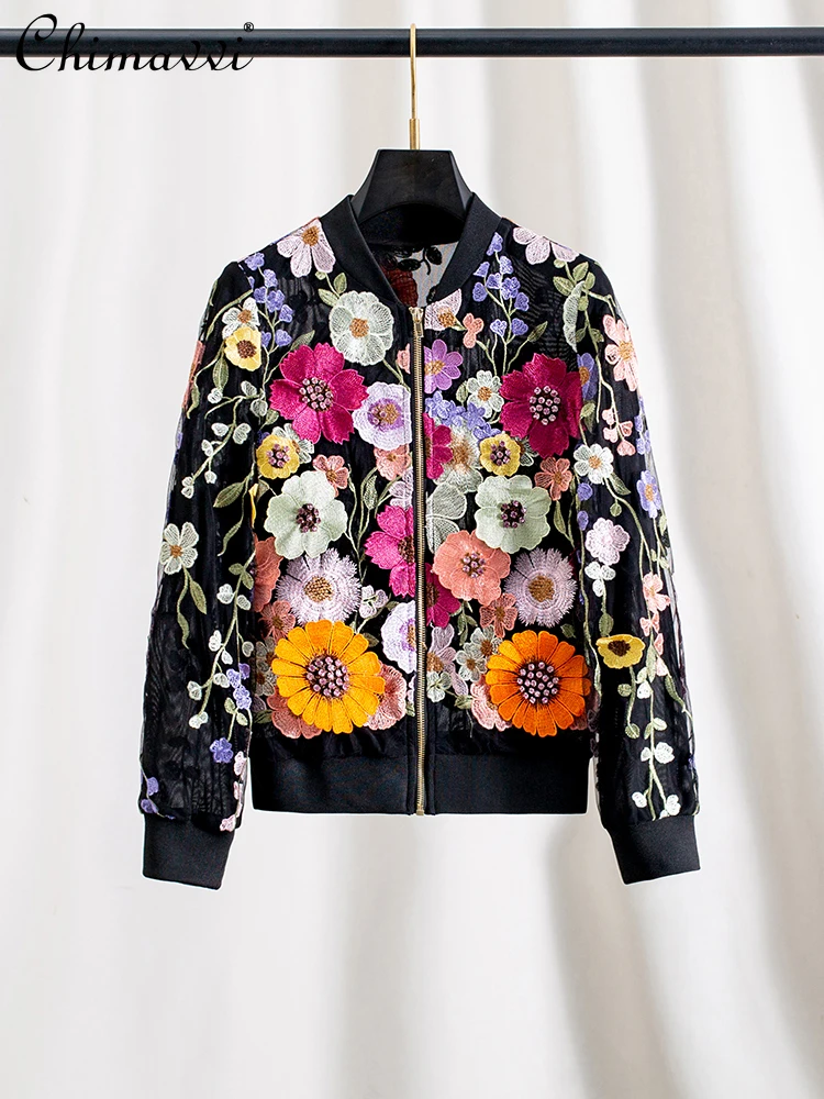 

Французские элегантные бейсбольные куртки для тяжелой промышленности с 3D цветами и бисером и бриллиантами, женская куртка на молнии с воротником-стойкой и длинными рукавами