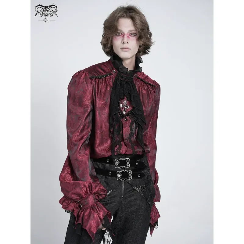 Men Gothic Red Jacquard Shirt Detachable Bow Tie Cashew Flower Print Long Sleeve Punk Emo Party Cosplay Costume SHT140