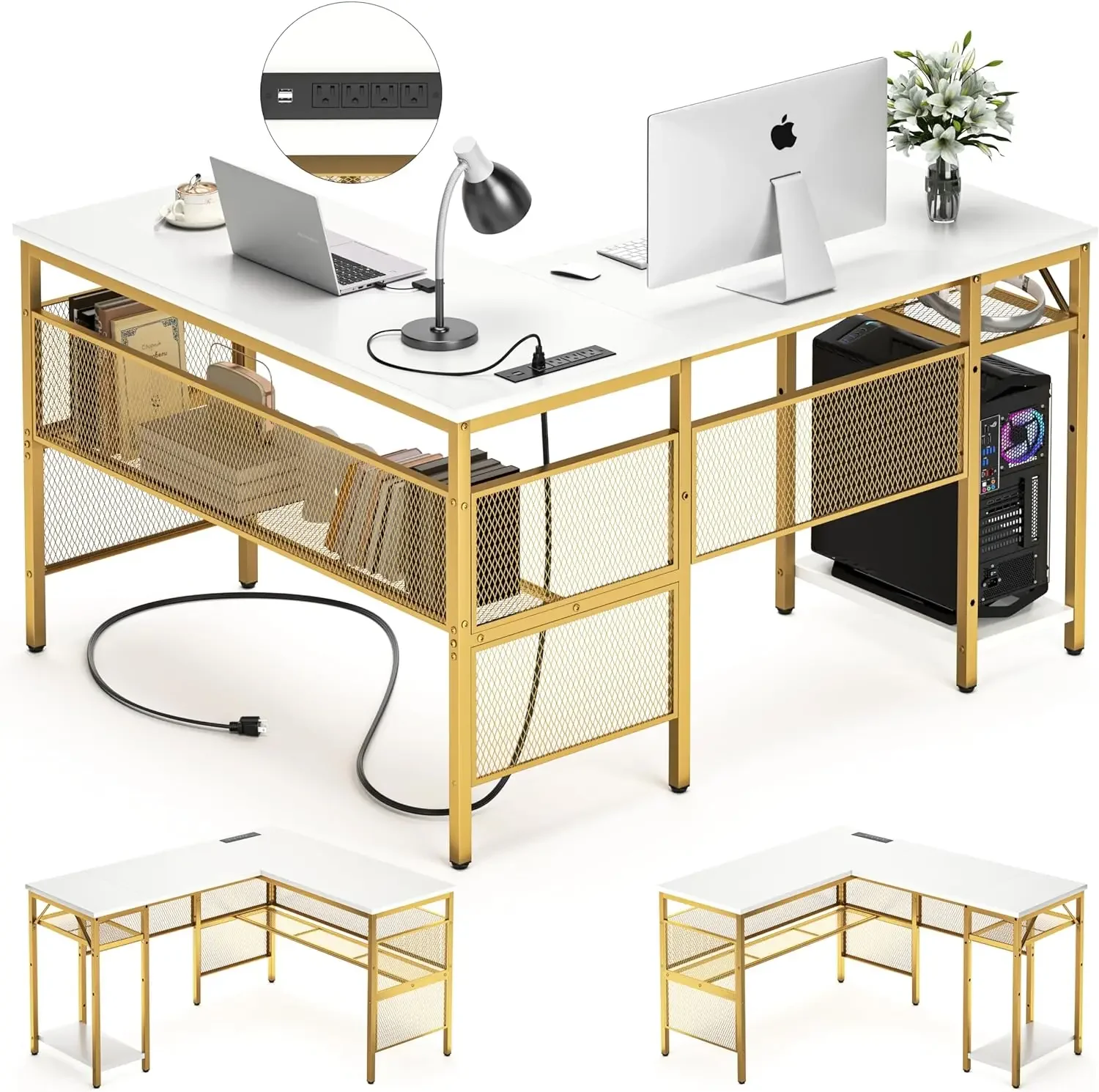 Unikito L Shaped Desk with Power Outlets and USB Charging Ports, Reversible L-Shaped Corner Desks with Storage Shelves, Unique G