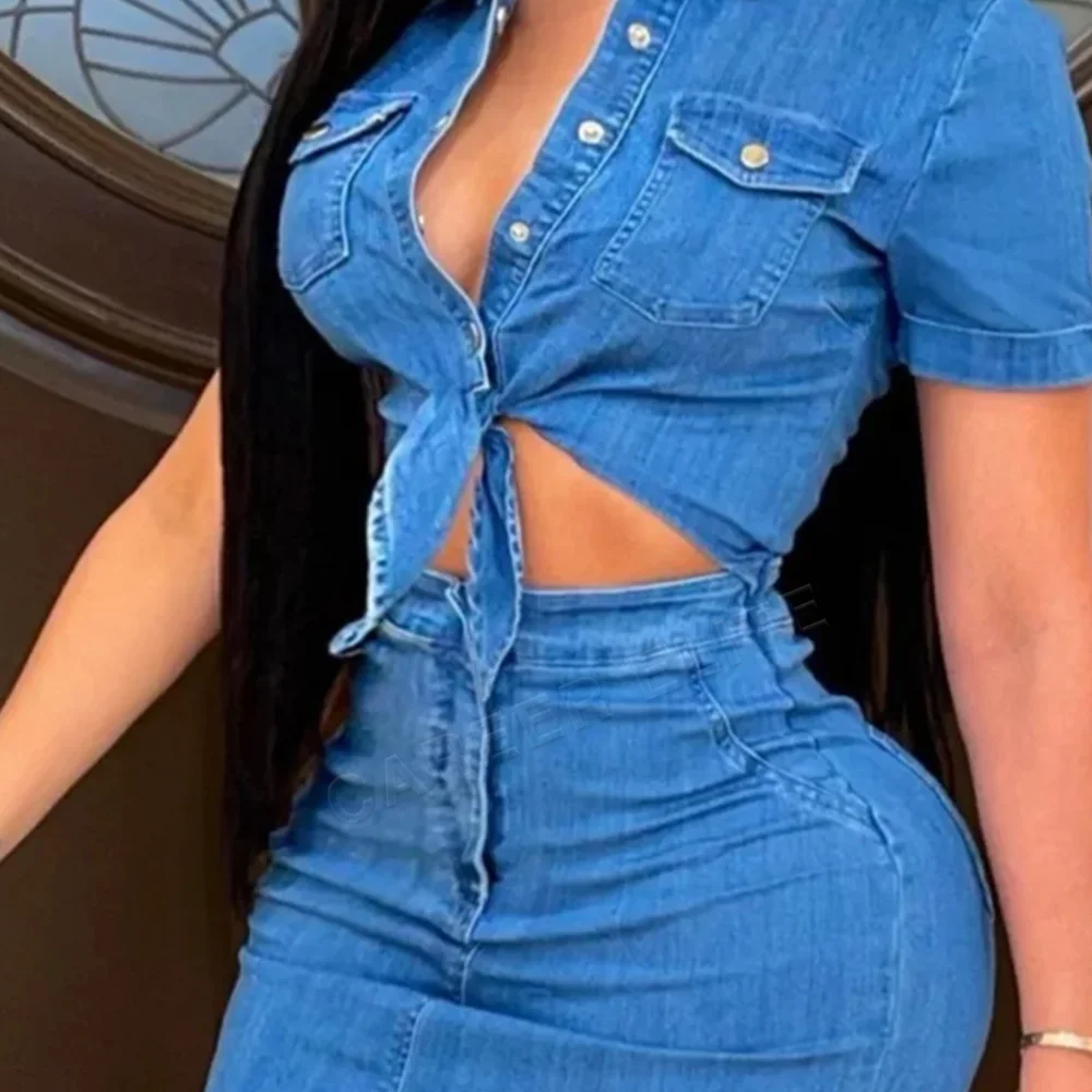 Women Denim Dress Stretch Slim Fit Jumpsuit Ladies Spring Summer Shorts Dress Elegant Solid High Waist Short Sleeves Mini Dress