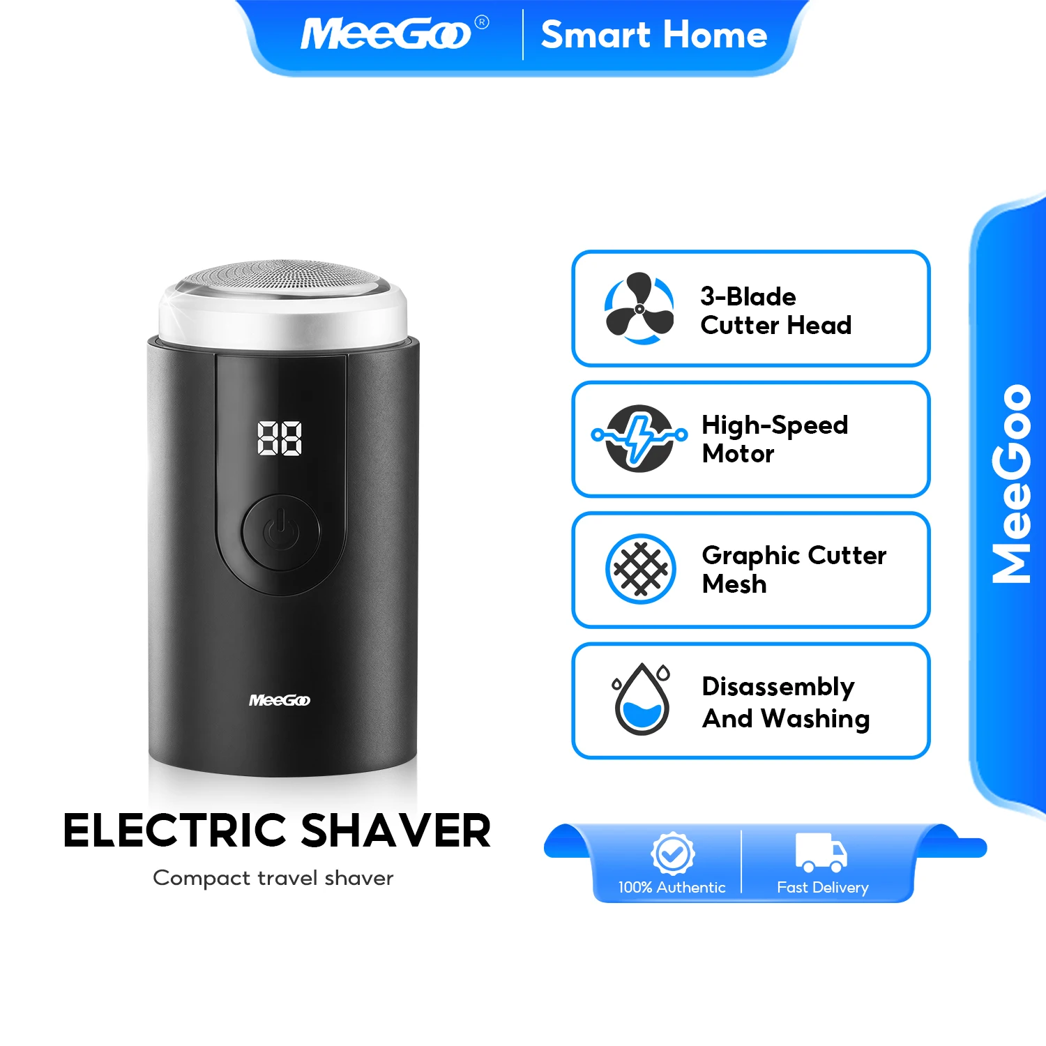 MeeGoo Portable Electric Shaver, 3D Rotating Blades, 8500RPM Brushless Motor, Type-C Rechargeable, 45min Runtime, Wet/Dry Shave