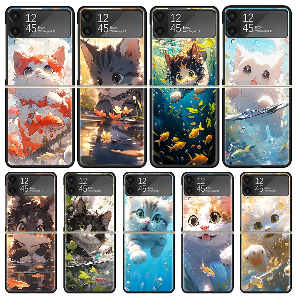 Cartoon Cute Cat Fish Aesthetic Phone Case For Samsung Galaxy Z Flip3 Flip4 Flip5 Flip6 PC Shell For Z Flip 3 4 5 6 Hard Folding