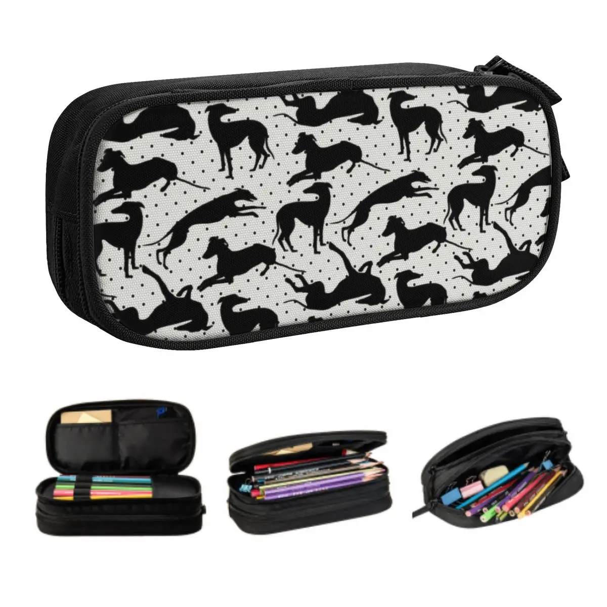 Estuches de lápices personalizados de galgos negros para niños y niñas, caja de bolígrafos para perros Whippet de gran capacidad, accesorios escolares