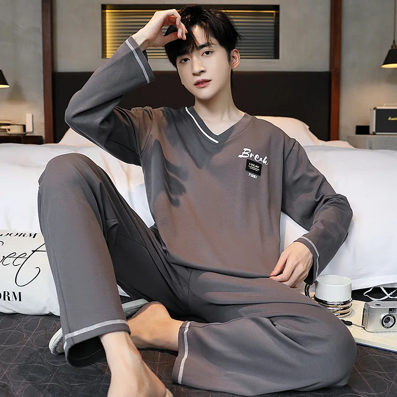 2 Sets of Men\'s Pajamas Homewear Boys Spring and Autumn Long-Sleeved Trousers Cotton Leisure Autumn and Winter Homewear Sets