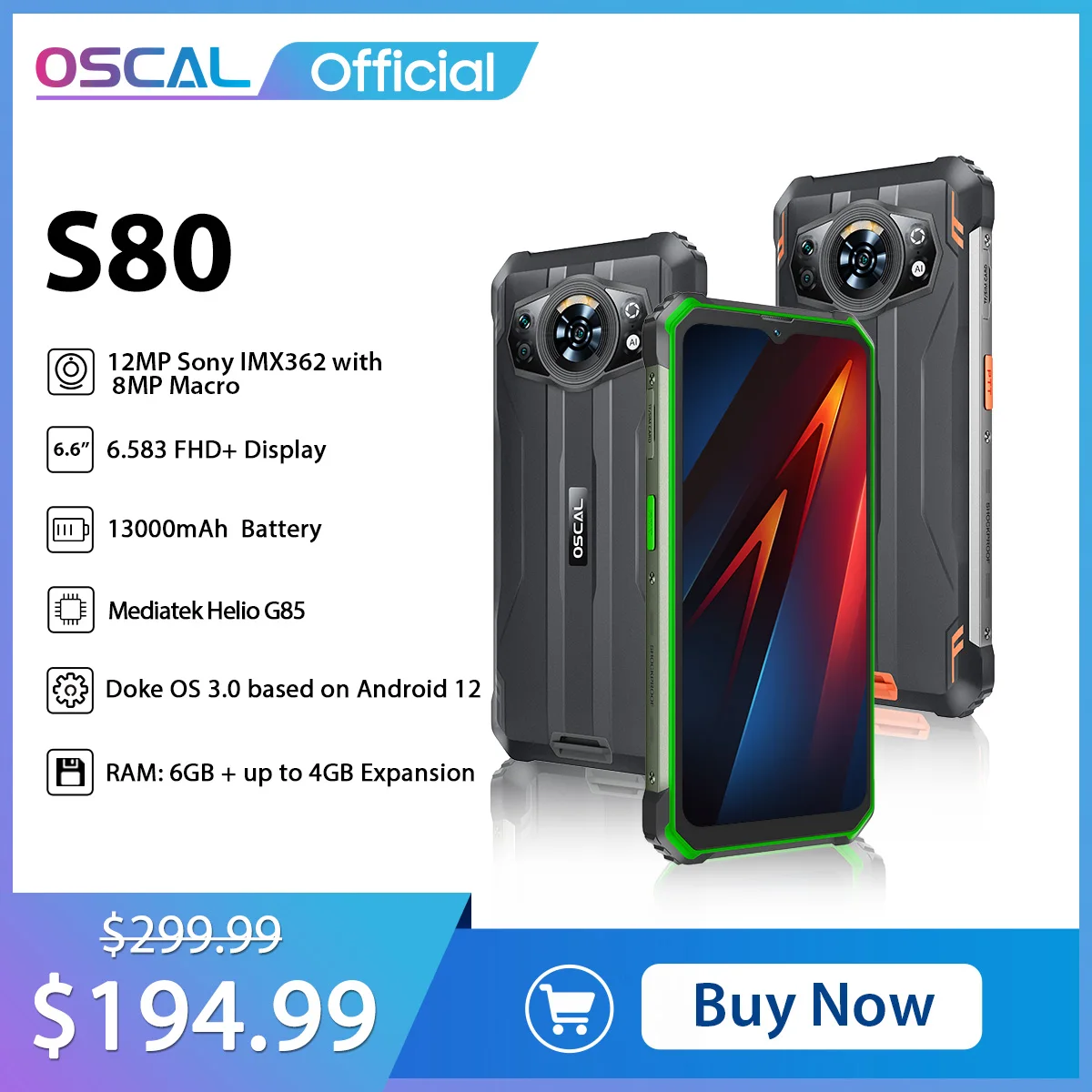 OSCAL S80, Helio G85 견고한 기계, 6GB + 128GB, 6.583 인치 FHD + 디스플레이, 13000mAh 고속 충전, 안드로이드 12, OTG