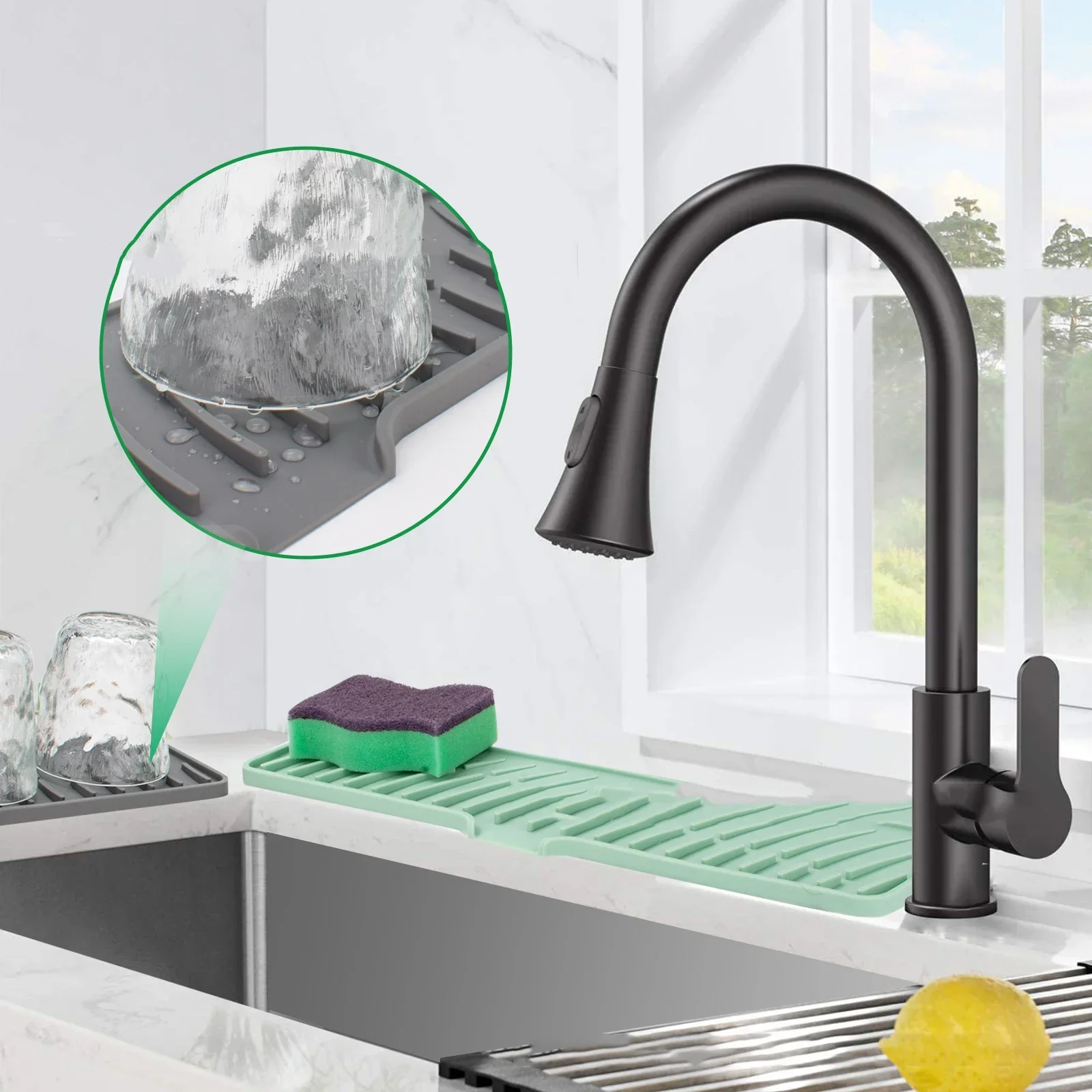 Kitchen Sink Splash Guard-Silicone Draining Mat Around Tap Draining Pad Behind Faucet with Lip Drip Catcher Sink Protector Mat