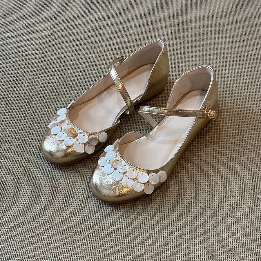 Fairycore Metallic Gold Mary Jane Shoes Ladies Natural Shell Ornament Ankle Buckle Strap Casual Wedding Flat Shoes Free Shipping