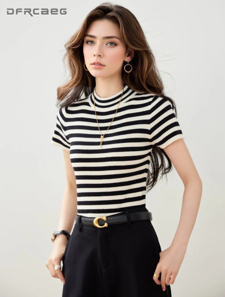 

Patchwork Striped Sleeveless Knit Top For Women Summer Stretch Slim-Fit Casual Short Sleeve T Shirt Female