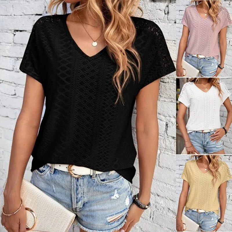 Women's Tees Summer Top V-neck White T-shirt Hollow Casual Shirt Ropa Mujer Tshirt Femmes Футболки Женские Camisas E Blusas